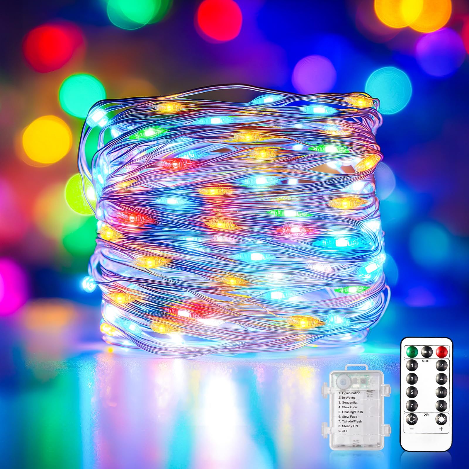 Photo 1 of WdtPro Fairy Lights Battery Operated with Remote, 33Ft 100 LED Battery Powered String Lights with Timer, Outdoor Waterproof 8 Modes Twinkle Lights for Bedroom Indoor Christmas Decor, Multicolor, 1P