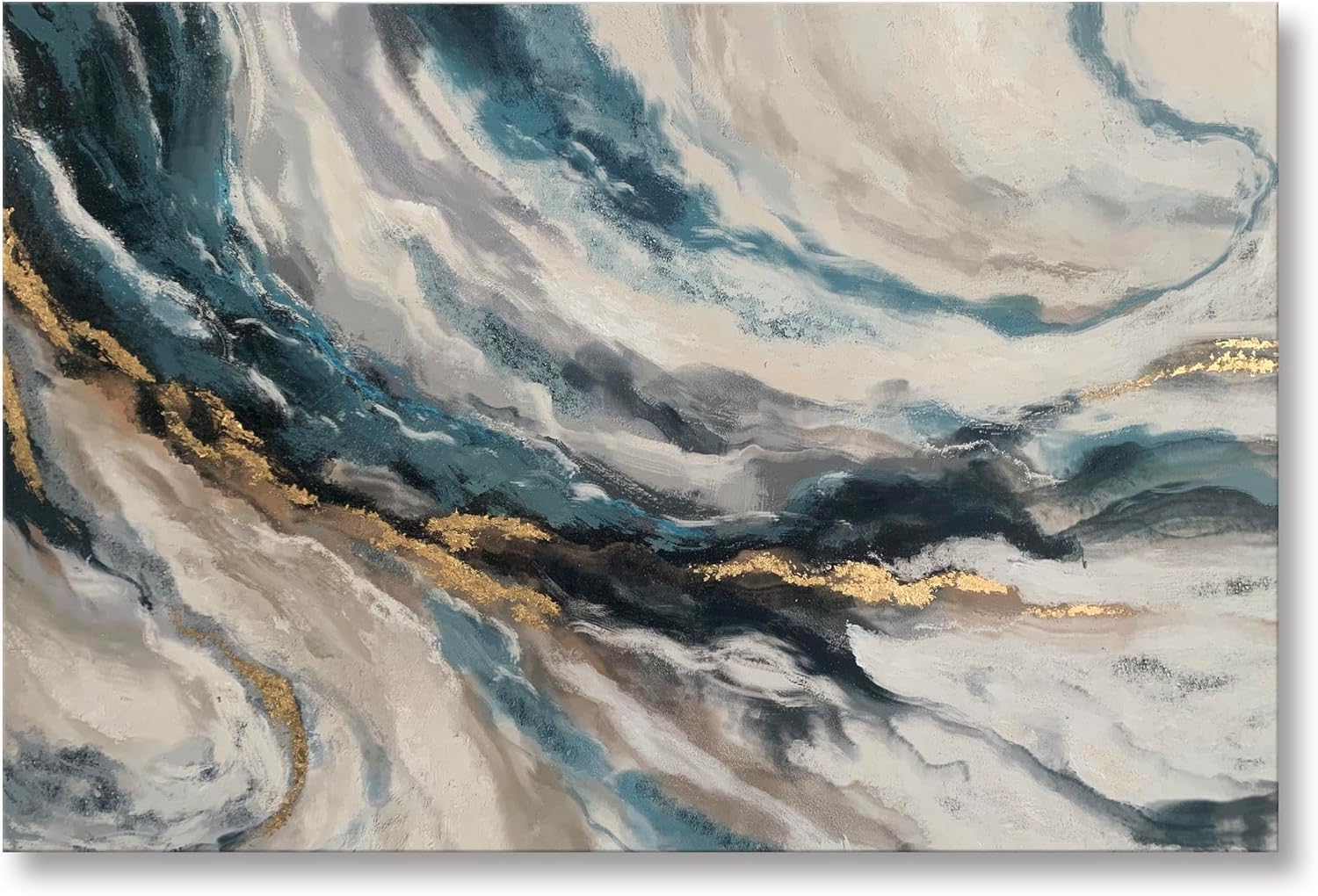 Paintings - Hand Painted Textured Blue Gold Foil Canvas Painting Modern Home Decor Marble Wall Art Watercolor Painting for Living Room Bedroom Bathroom