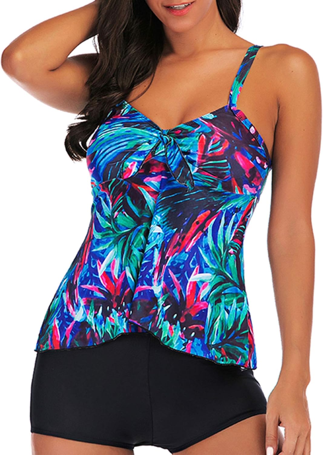 Tankini met ruches voor dames, met korte broek, bloemenprint, 2delige