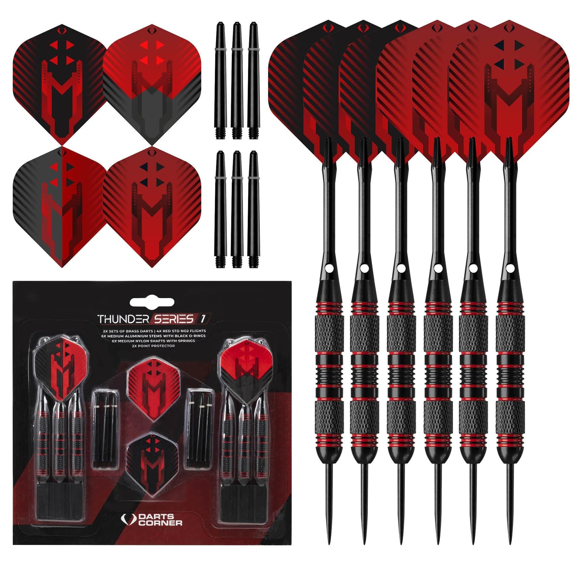 Darts Corner X1066 Thunder | 24 Piece Steel Tip Dart Set with 24g Barrels, Flights and Aluminium Shafts, Series 1, Black/Red