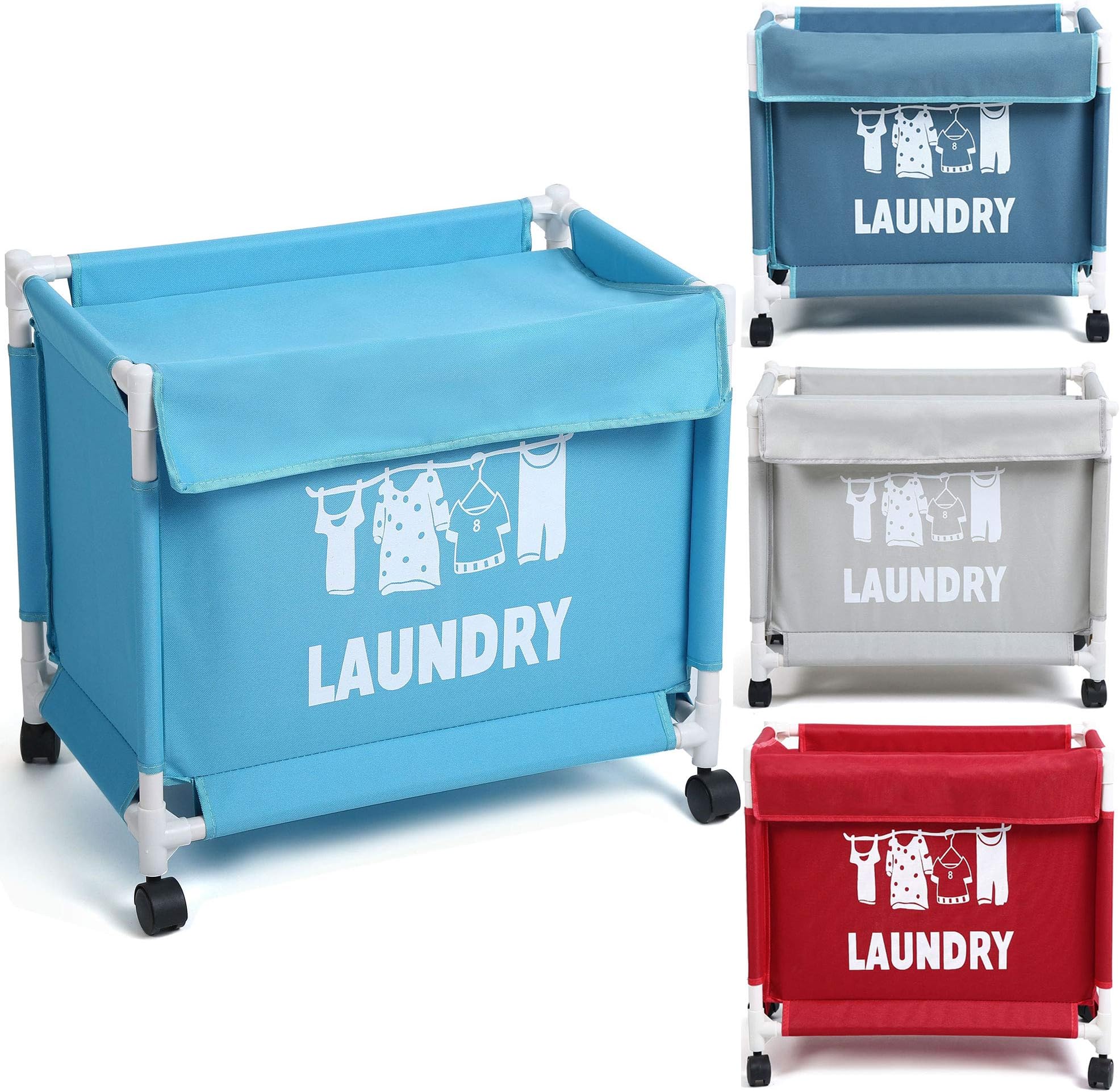 Smile Mom Laundry Basket/Bag/Hamper for Clothes with Wheels & Lid, Best for Home Bathroom Bedroom (Large, Blue)