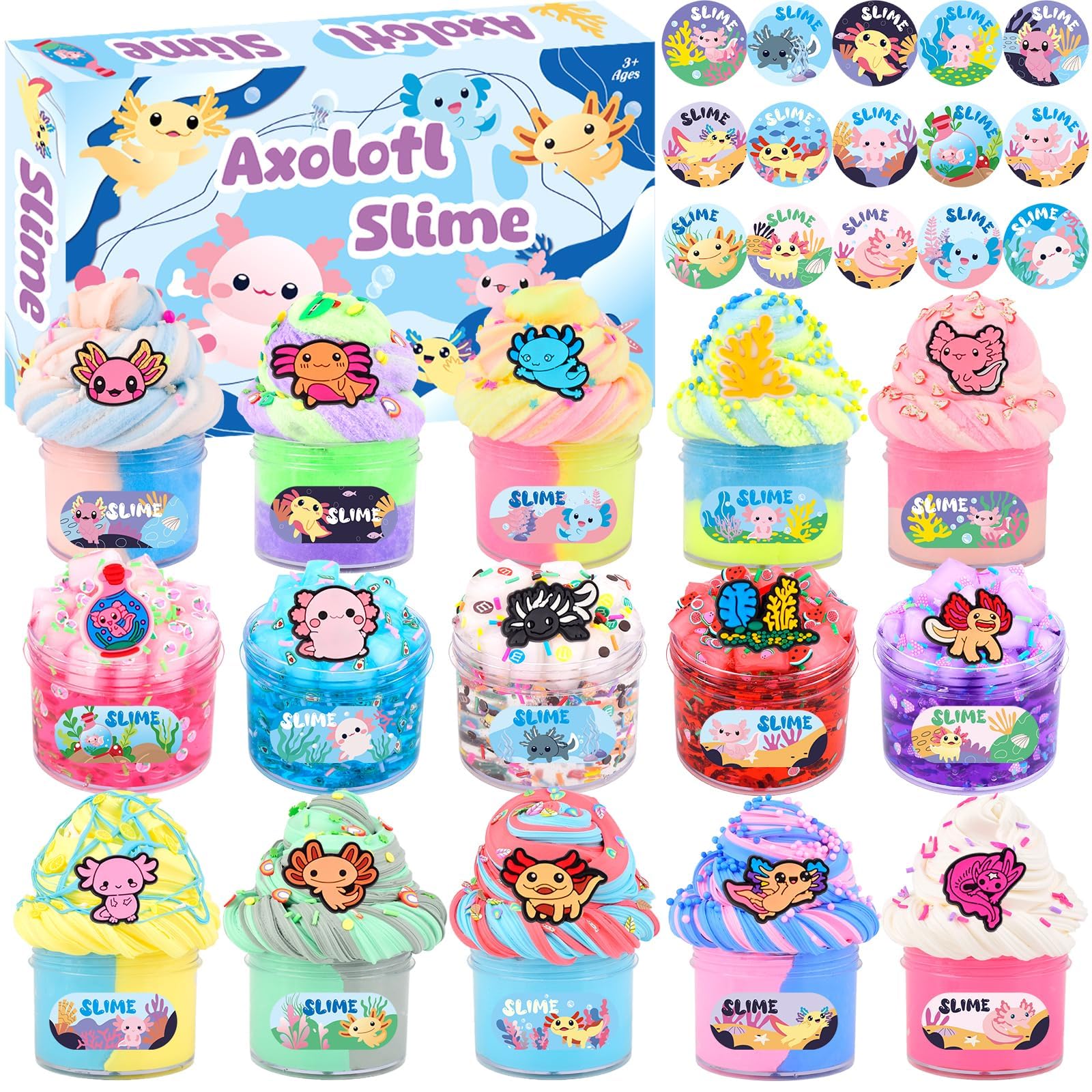15 Pack Axolotl Slime Kit, Cloud, Butter & Clear Slime Party favors for kids with Axolotl Charms, Soft and Stretchy, Slime for Girls & Boys, Classroom Rewards, Birthday Gifts