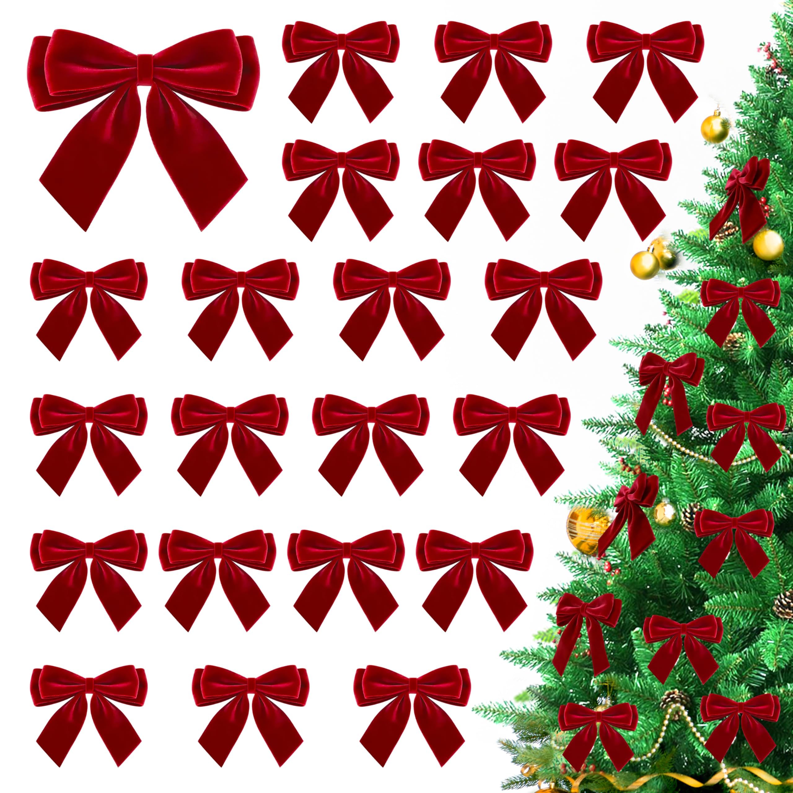 Photo 1 of 24Pcs Velvet Bows for Christmas Tree, Small Red Bows Christmas Decorations with Twist Tie, Bulk Red Velvet Ornaments for Wreath Garland Gift Wrapping Wedding Champagne Parties Decor, 3.5*3.5 in
