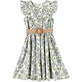 PATPAT Little Big Girls Dress Vintage Boho Floral Ruffle Short Sleeve Casual Swing Dress with Braided Belt