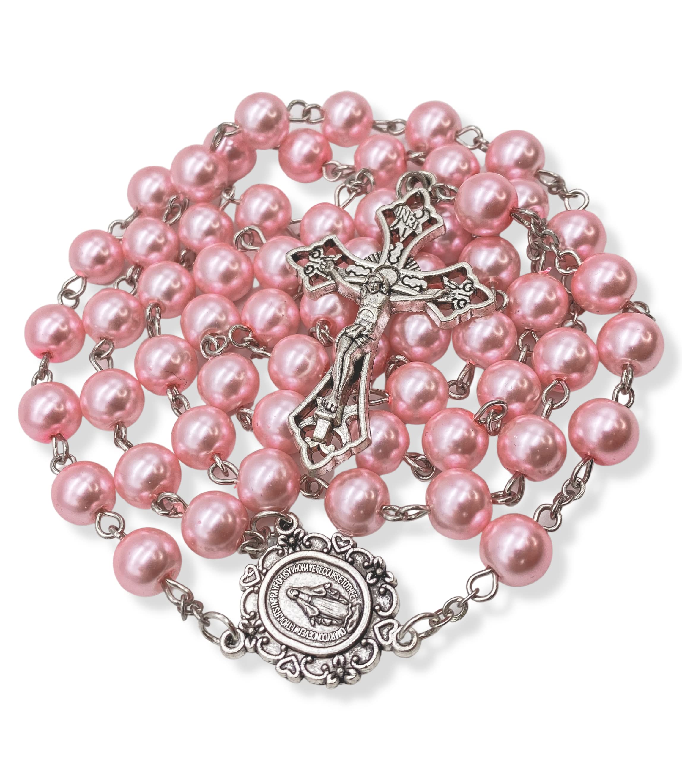 Nazareth Store 8mm Pink Pearl Rosary Miraculous Medal and Cross in Velvet Pouch 20" Pearl 50cm Glass No Gemstone