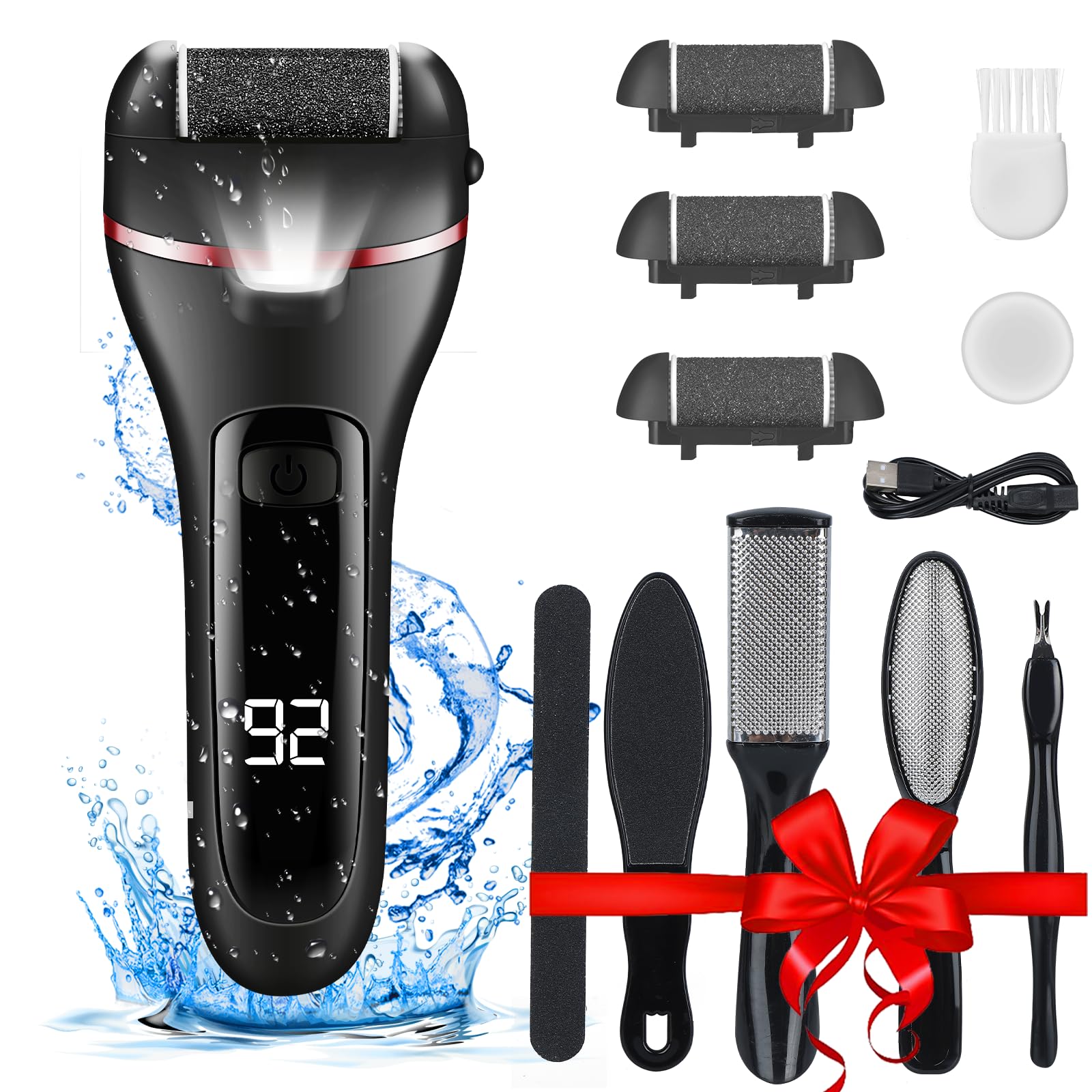 Electric Foot File, Wetisedg® Rechargeable Callus Remover for Feet, Hard Skin Remover, Pedicure kit with 3 Rollers LED Light, Foot Care Kit (Deep Dark Black)