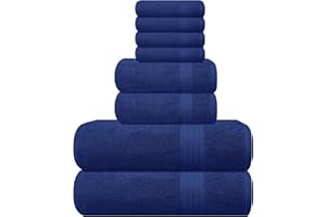 GLAMBURG Ultra Soft 8-Piece Towel Set - 100% Pure Ringspun Cotton, Contains 2 Oversized Bath Towels 27x54, 2 Hand Towels 16x28, 4 Wash Cloths 13x13 - Ideal for Everyday use, Hotel & Spa - Navy Blue