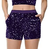 Anna-Kaci Women's Sparkly Sequin Shorts Elastic Waist Glitter Straight Leg Party Shorts with Pockets