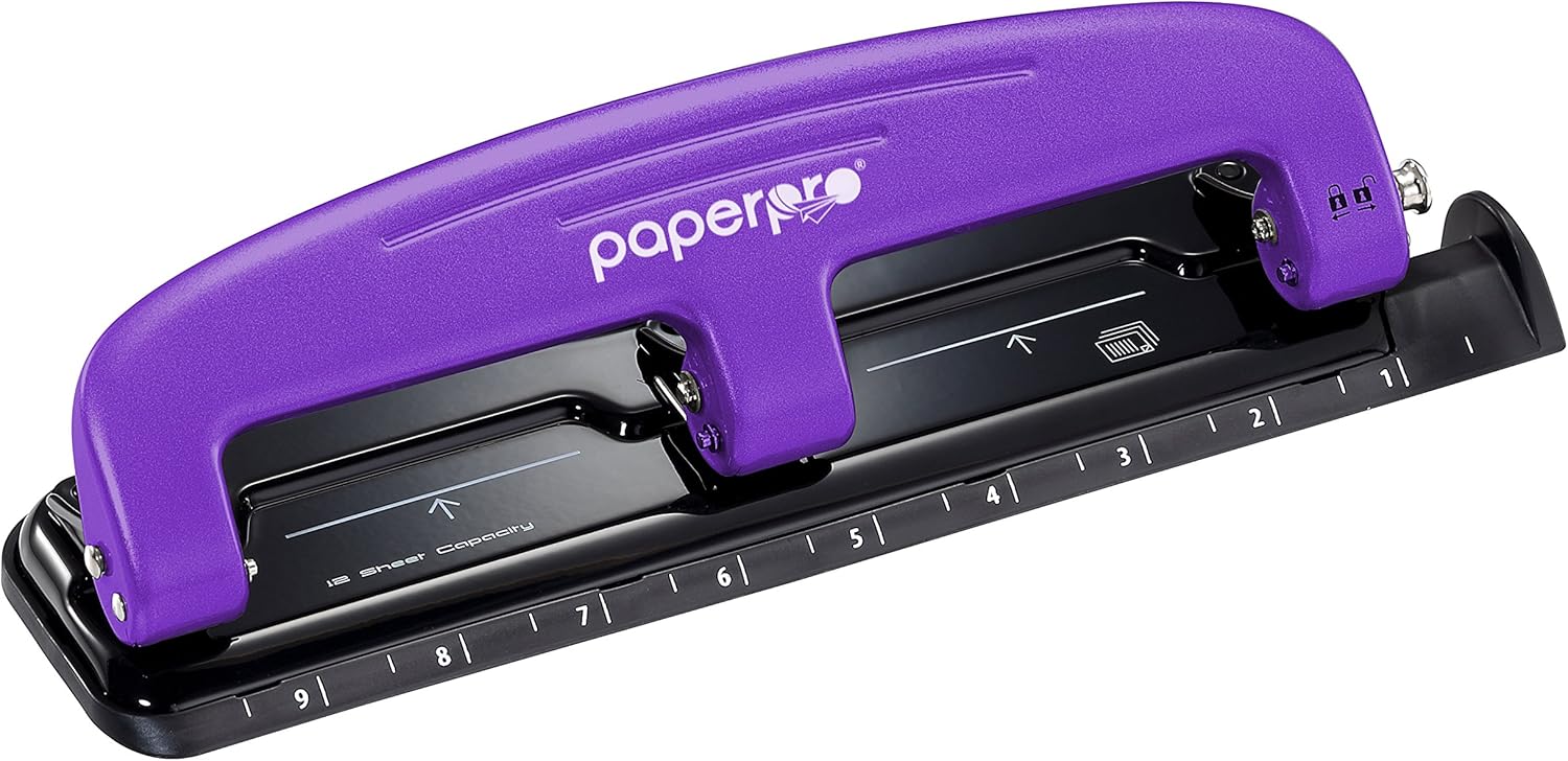 Bostitch Office EZ Squeeze Reduced Effort 3-Hole Punch, 12 Sheets, Purple (2105), 1.6" x 3" x 11" : Desk Staplers : Office Products