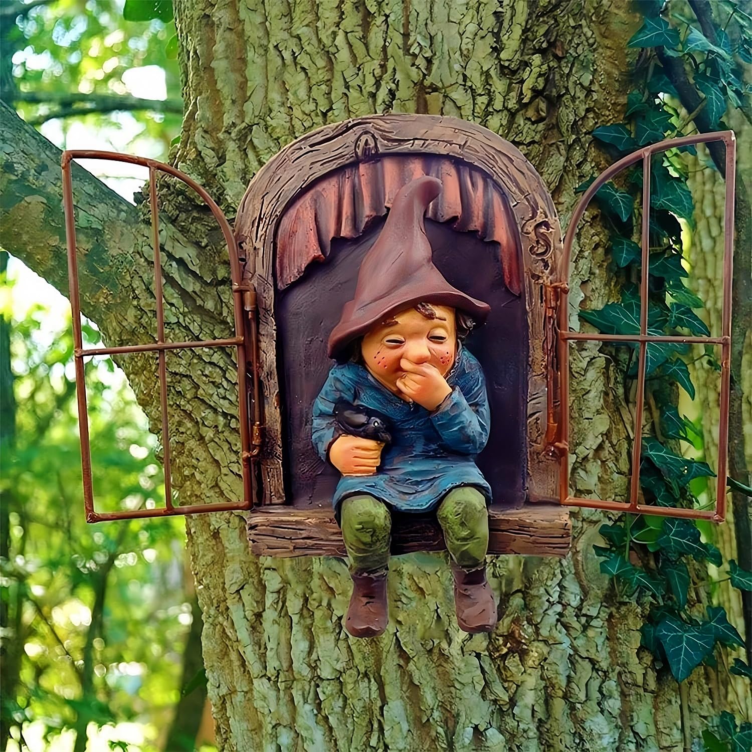 JTZXJJX Elf Out The Door Tree Hugger, Garden Statue Resin Gnome Figure, Hanging Garden Gnomes Tree Decoration for Patio, Lawn Ornament (Women)