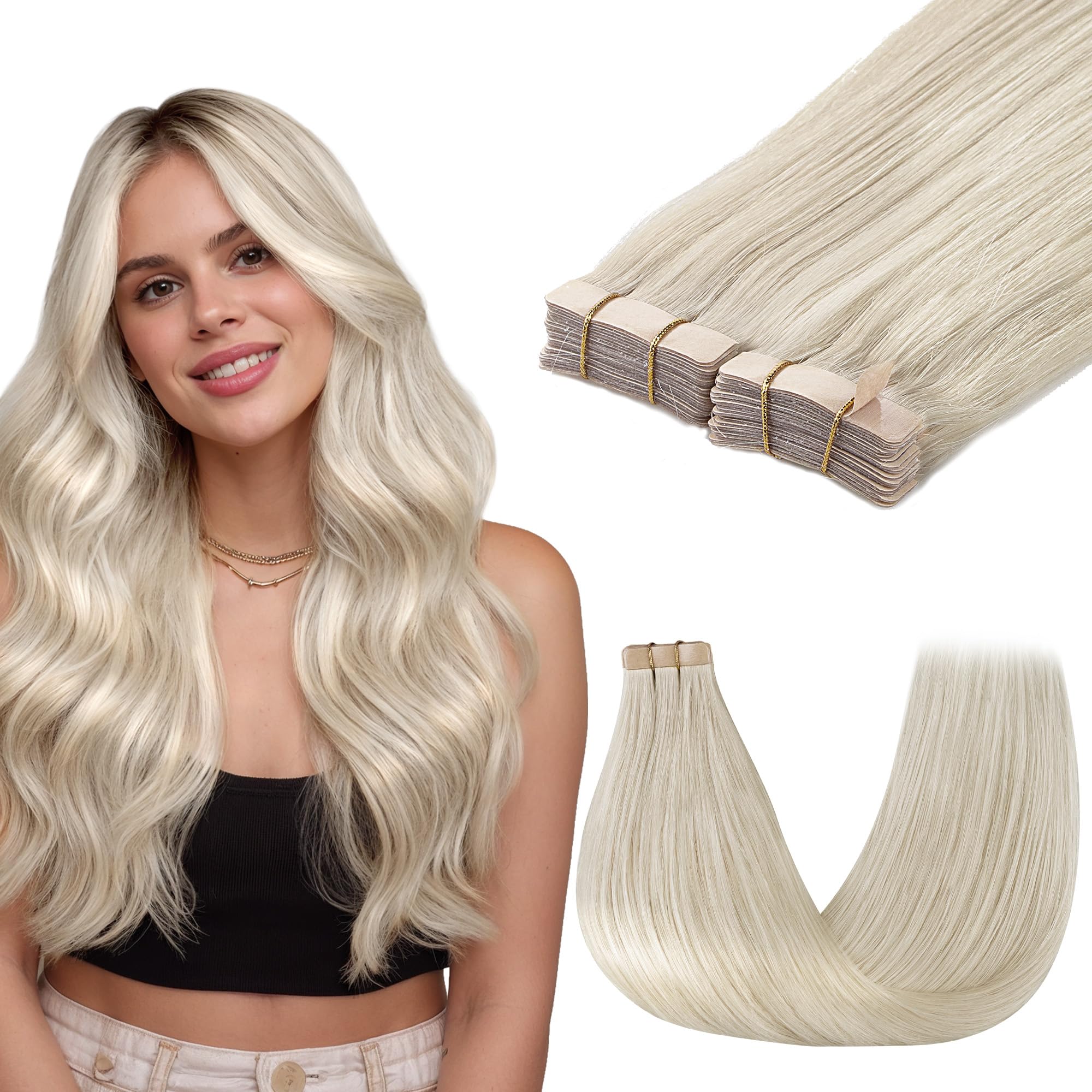 GOO GOO Tape in Hair Extensions human hair, tape Hair Extensions, 22inch 100g 40pcs, Human Hair Extensions, 60A Platinum Blonde — image 1