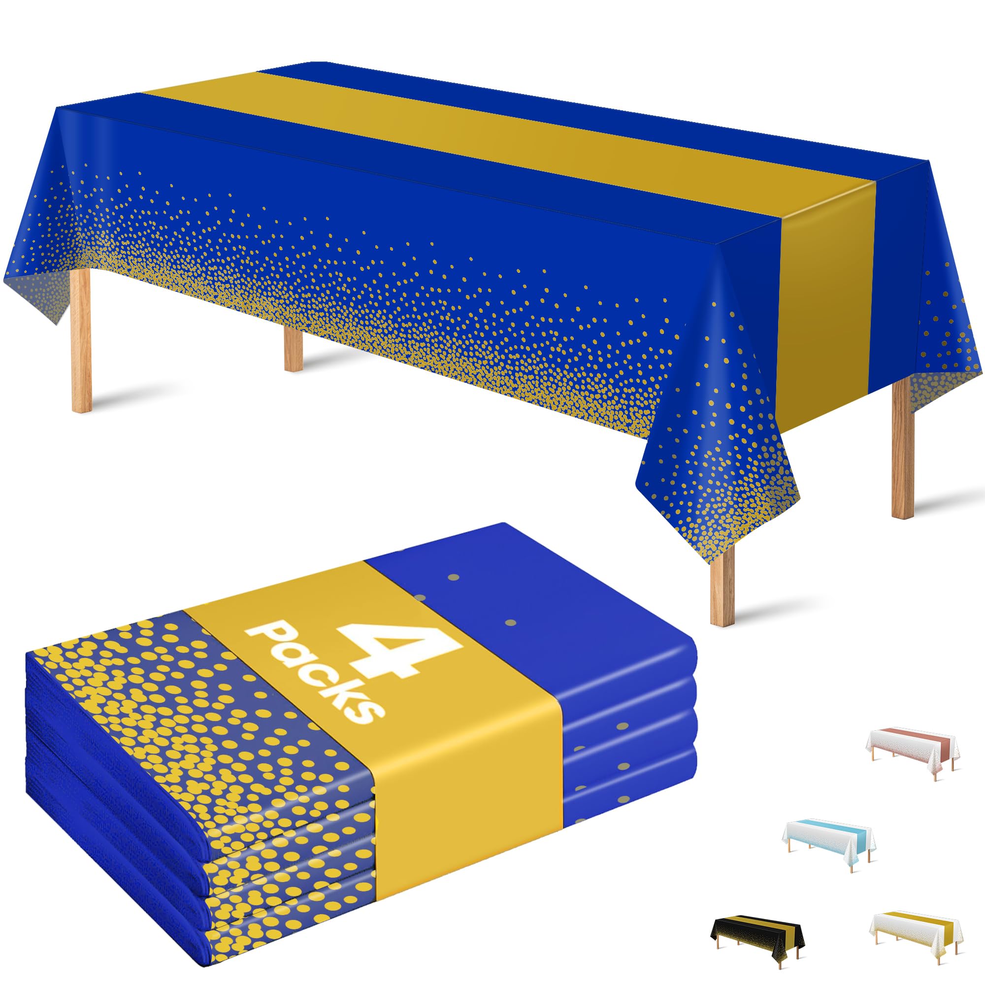 Photo 1 of OHOME 4 Pack Disposable Plastic Table Cloths for Parties,Royal Blue and Gold Rectangle Table Covers for Graduation Wedding Birthday Fathers Day Decorations | Christmas Decorations 54" x 108"