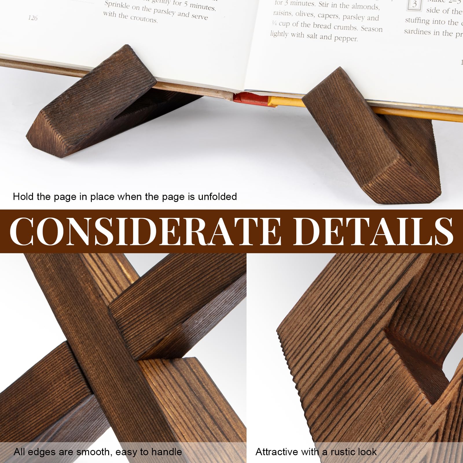 PUERSI Cookbook Stand for Kitchen, Recipe Book Holder for Kitchen Counter, Wooden Cookbook Holder, Rustic Cook Book Holder Stand - Rustic Brown