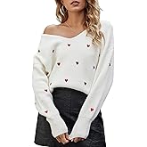 ECOWISH Women Valentine Heart Sweater V Neck Embroidery Knit Loose Casual Long Sleeve Ribbed Pullover Sweaters