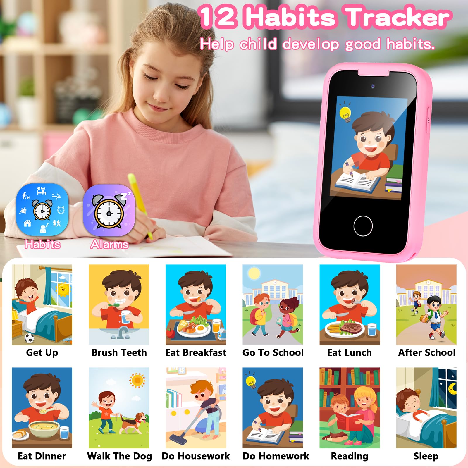 ASIUR Kids Smart Phone for Girls Children's Christmas Birthday Gift for Boys, Toddler Pretend Smartphone Play Fake Cellphone with Games, MP3 Music Player, 3 4 5 6 7 8 9 10 Years Old Toys(Pink)