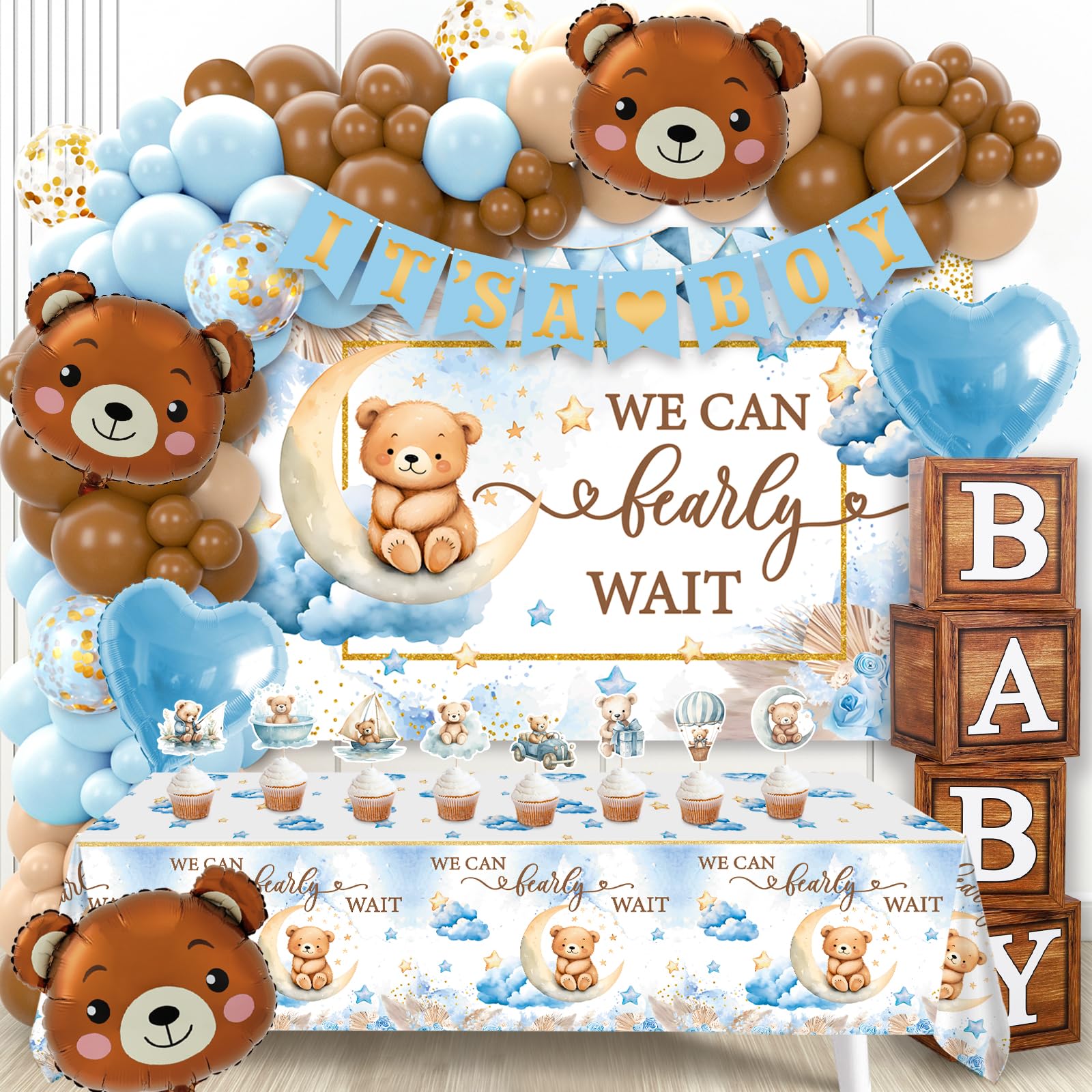 Photo 1 of We Can Bearly Wait Baby Shower Decorations -Teddy Bear Boho Balloons Banner Boxes Cupcake Topper, We Can Bearly Wait Sign Backdrop Tablecloth, Boy Baby Shower Decorations Gender Reveal Party Decor