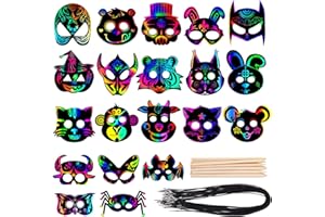 KXCOFTXI 52 Set Magic Scratch Paper Animal Masks, Including 20 Different Types Face Masks and Accessories for Halloween Animal Birthday Party Dress-Up DIY Gift