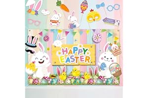 RATOYAL Happy Easter Backdrop, Easter Party Decorations Photography Backdrop with Photo Booth Props 16 Pcs, Easter Bunny Banner Decor for Spring Easter Party Supplies
