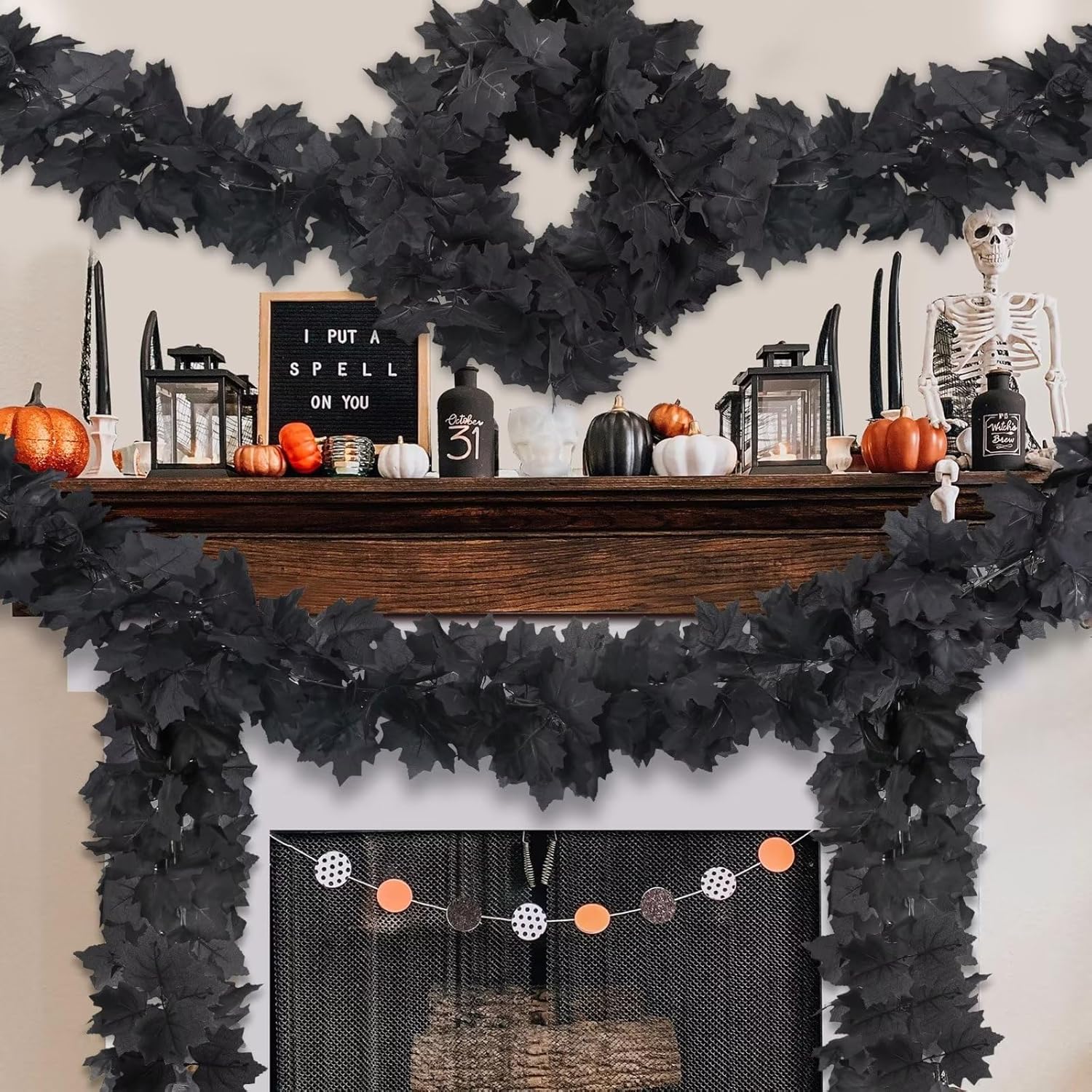 Wreaths, Garlands & Swags - Palmatte 2 Pack Black Garland Halloween Decorations Indoor Outdoor Fall Maple Leaves Garland Vines, Fall Halloween Decor Home Room Table Mantle Door Wall Black Fall Halloween Party Wedding Decorations