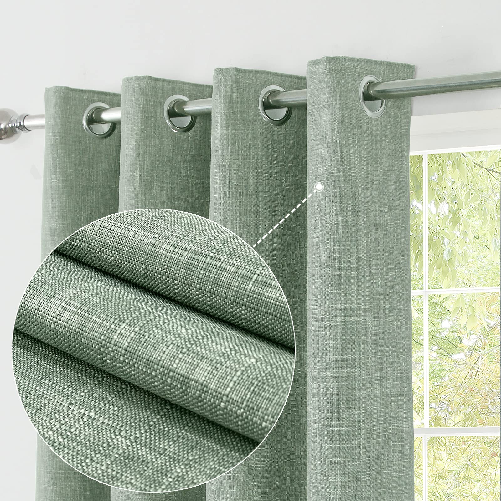 always4u Linen Look 100% Blackout Eyelet Curtains Thermal Energe Saving for Bedroom 1 Pair Noise Reducing Solid Modern Window Treatment for Home Decoration Sage Green W46*L72