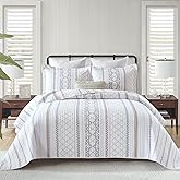 DUOHONG Queen Quilt Set, 100% Cotton, Queen Size Quilted Bedspread, Reversible Boho Striped Bed Spread, Lightweight Comforter for All Season, 3 Pieces, White/Brown/Grey