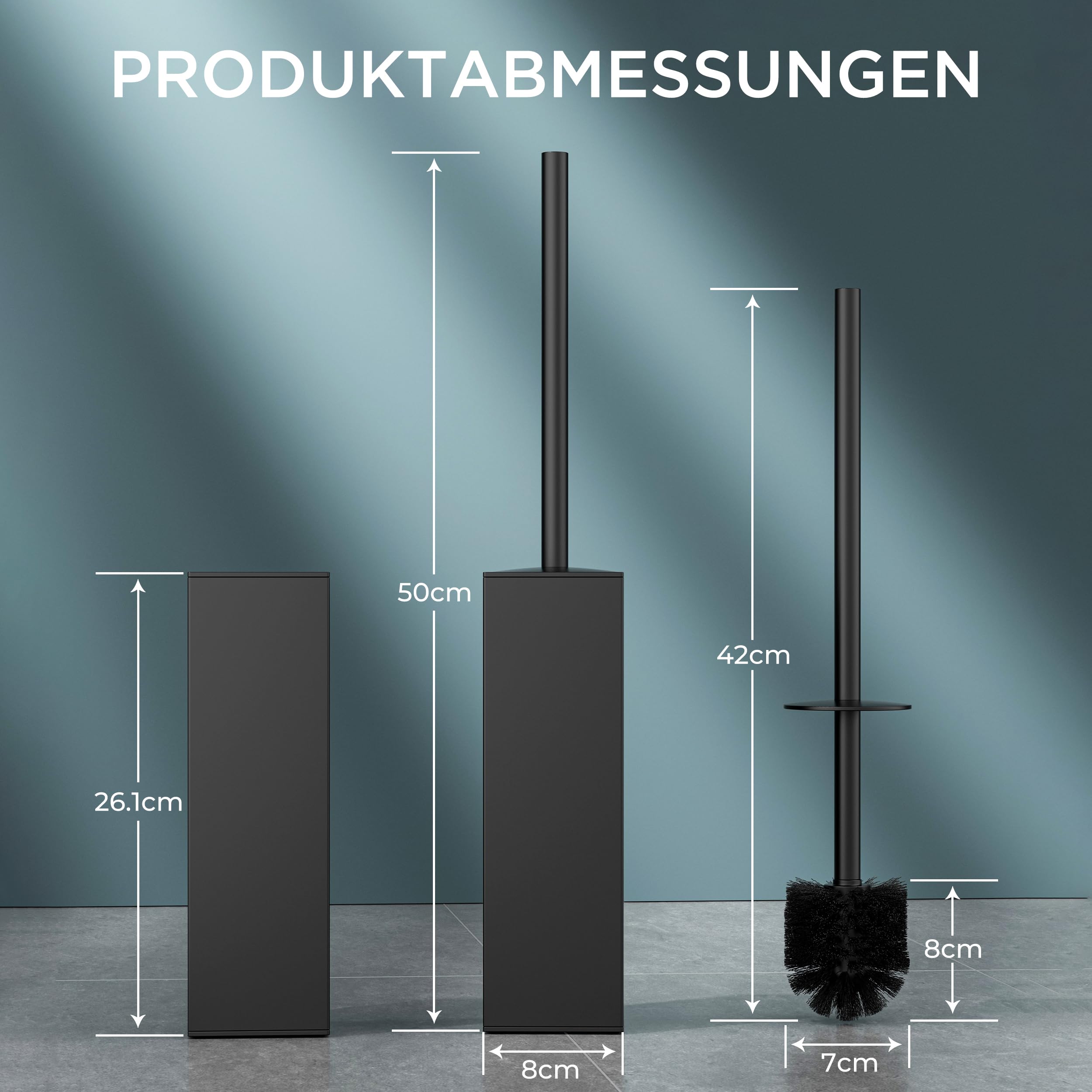 FORIOUS Silikon Toilettenbürste aus Edelstahl, 50 cm Extra Langer Griff, Anti-Spritz Design, Inkl. Ersatzkopf & Abnehmbarem Innenbecher – Saubere, Hygienische WC Bürste/Klobürste Schwarz für Bad 8