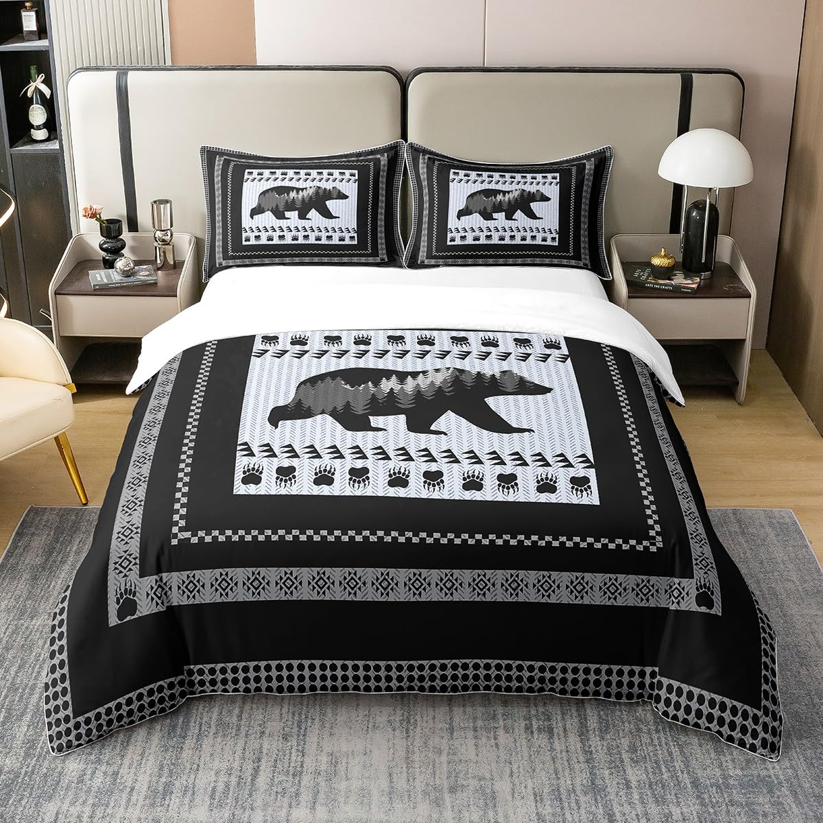 Bear 100% Cotton Duvet Cover Set King for Girls Boys Kids Bear Paw Print Bedding Set Men Women Room Decorative Wild Animal Comforter Cover Set Retro Wildlife Bedspread Cover Black White Bedcothes