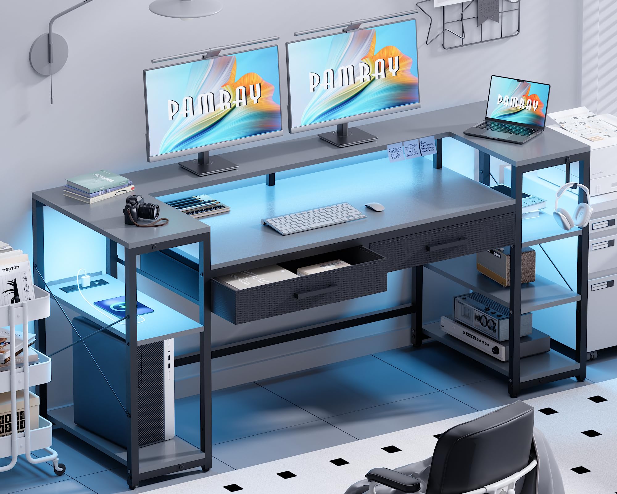 Photo 1 of Pamray 58 Inch Computer Desk with Monitor Stand and Shelves Gaming Desk with LED Lights & Power Outlets PC Vanity Table with 2 Drawers for Home Office Grey