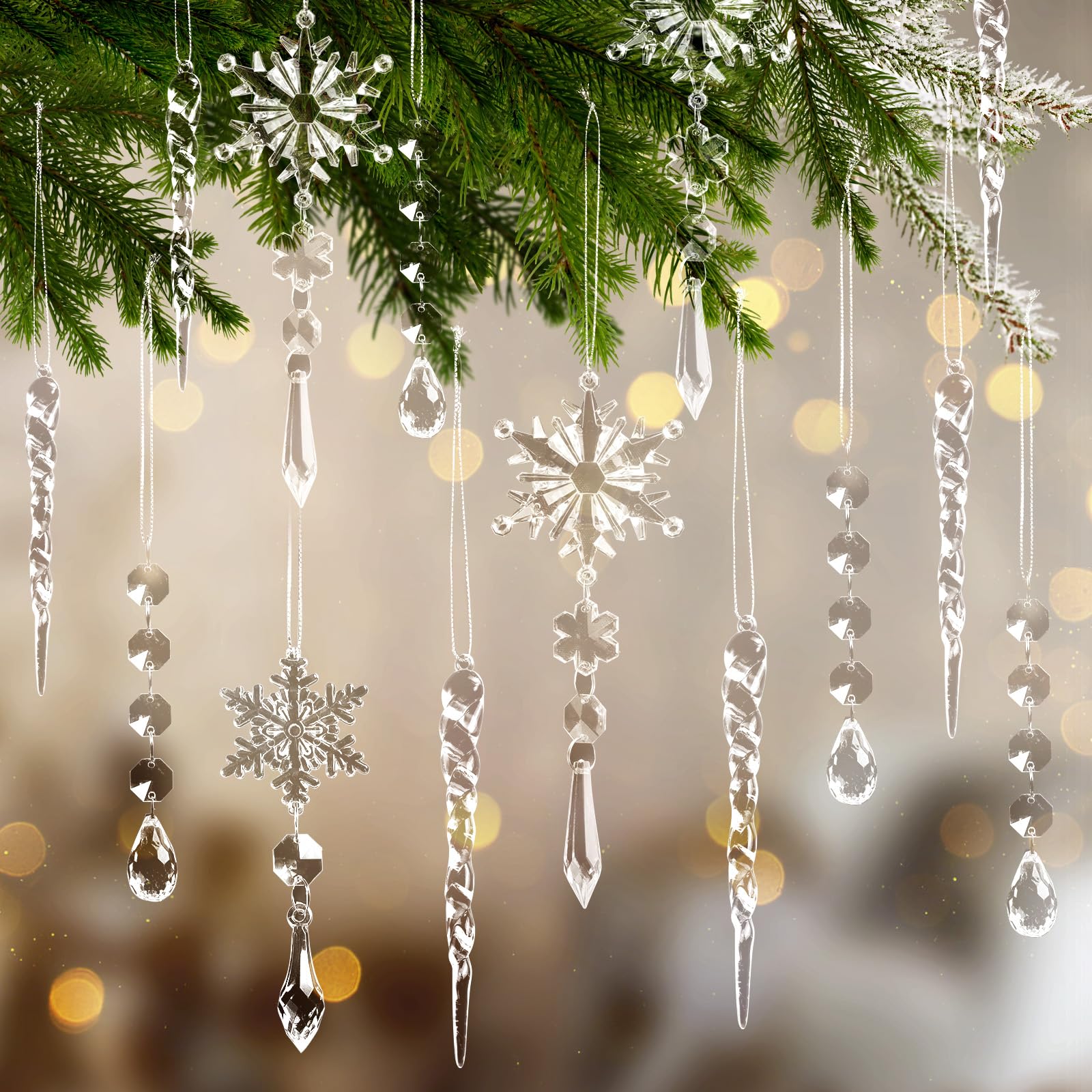 Photo 1 of 20pcs Christmas Ornaments Set for Tree Decorations- Hanging Acrylic Crystal Snowflake Icicle Drop Decorations for Winter Christmas Tree New Year Party Supplies