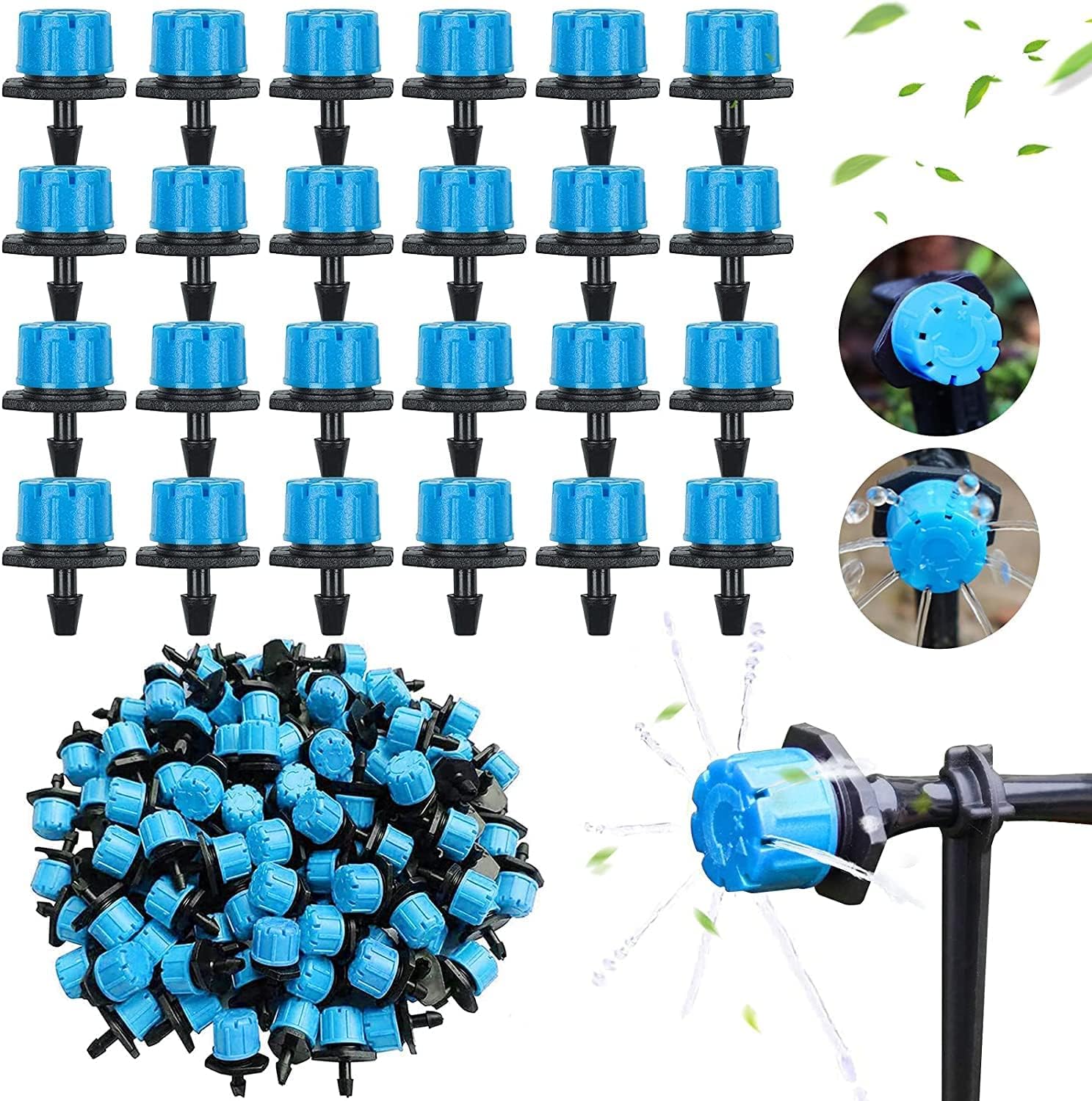 Kalolary 200Pcs 1/4Inch Adjustable Micro Drip Irrigation System Watering Sprinklers Anti-Clogging Emitter Dripper Blue Garden Supplies