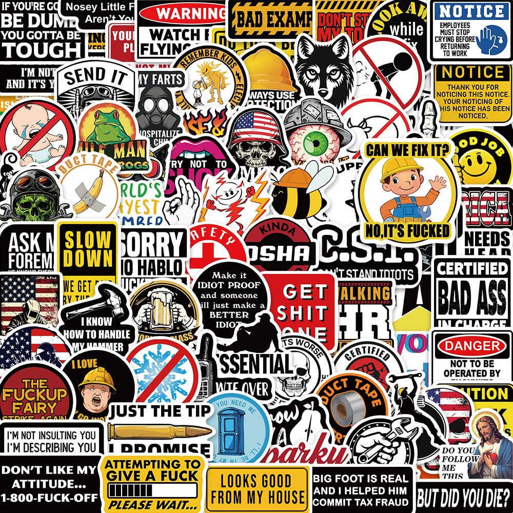 100Pcs Funny Hard Hat Stickers Laptop Car Scrapbook Phone Skateboard Suitcase Luggage Bike Blue Collar Prank Meme Vinyl Waterproof Aesthetic Personalised Stickers for Teens Boys Girls Adults — image 1