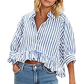 Cicy Bell Womens Cropped Striped Button Down Shirts Ruffle 3/4 Length Sleeve Summer Tops Dressy Casual Blouses