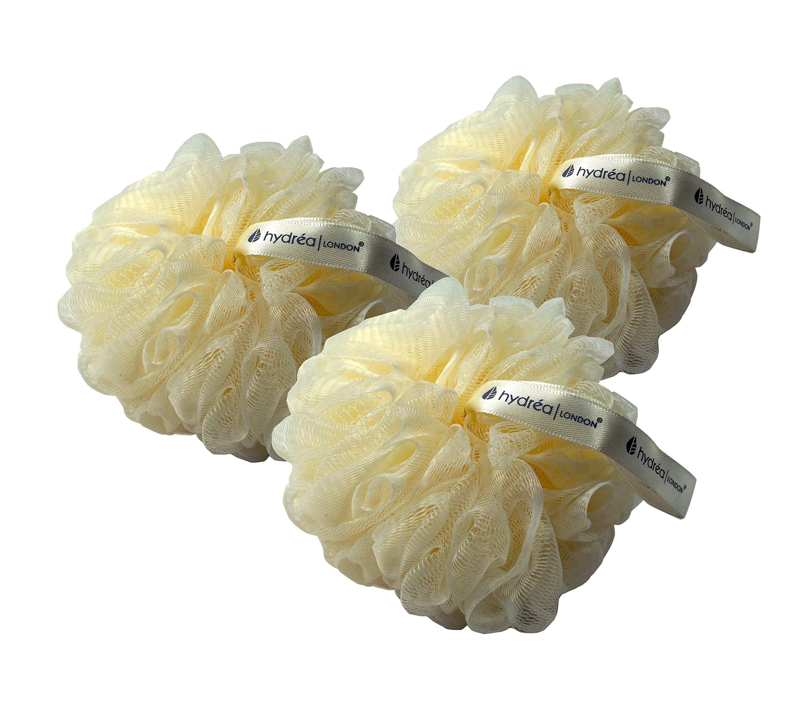 Hydrea London Shower Puff - Exfoliating Body Scrubber for Men & Women - Cleansing & Invigorating Luxury Shower Scrub - Ultra-Soft, Large, & Vegan Bath Scrunchie - Bathing Skin Buffer, Triple Pack
