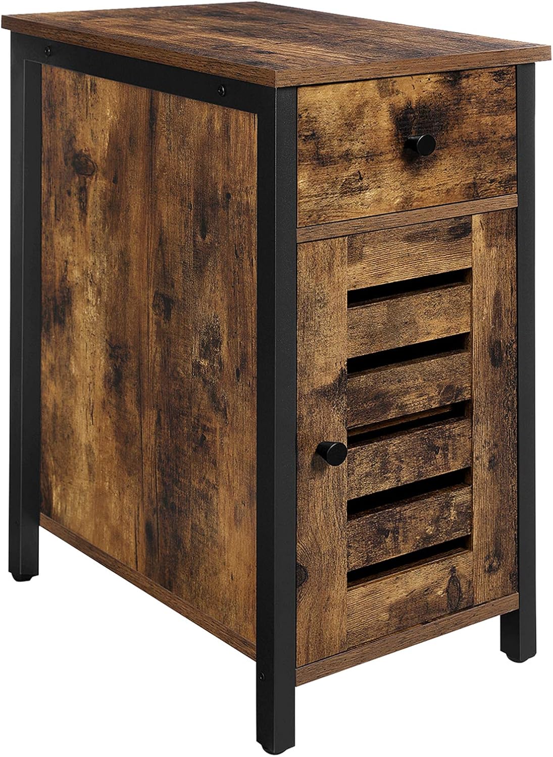VASAGLE Narrow Side Table, End Table with Drawer, Shutter Door, Nightstand for Small Spaces, Living Room, Industrial Style, Rustic Brown and Black ULET066B01: Kitchen & Dining
