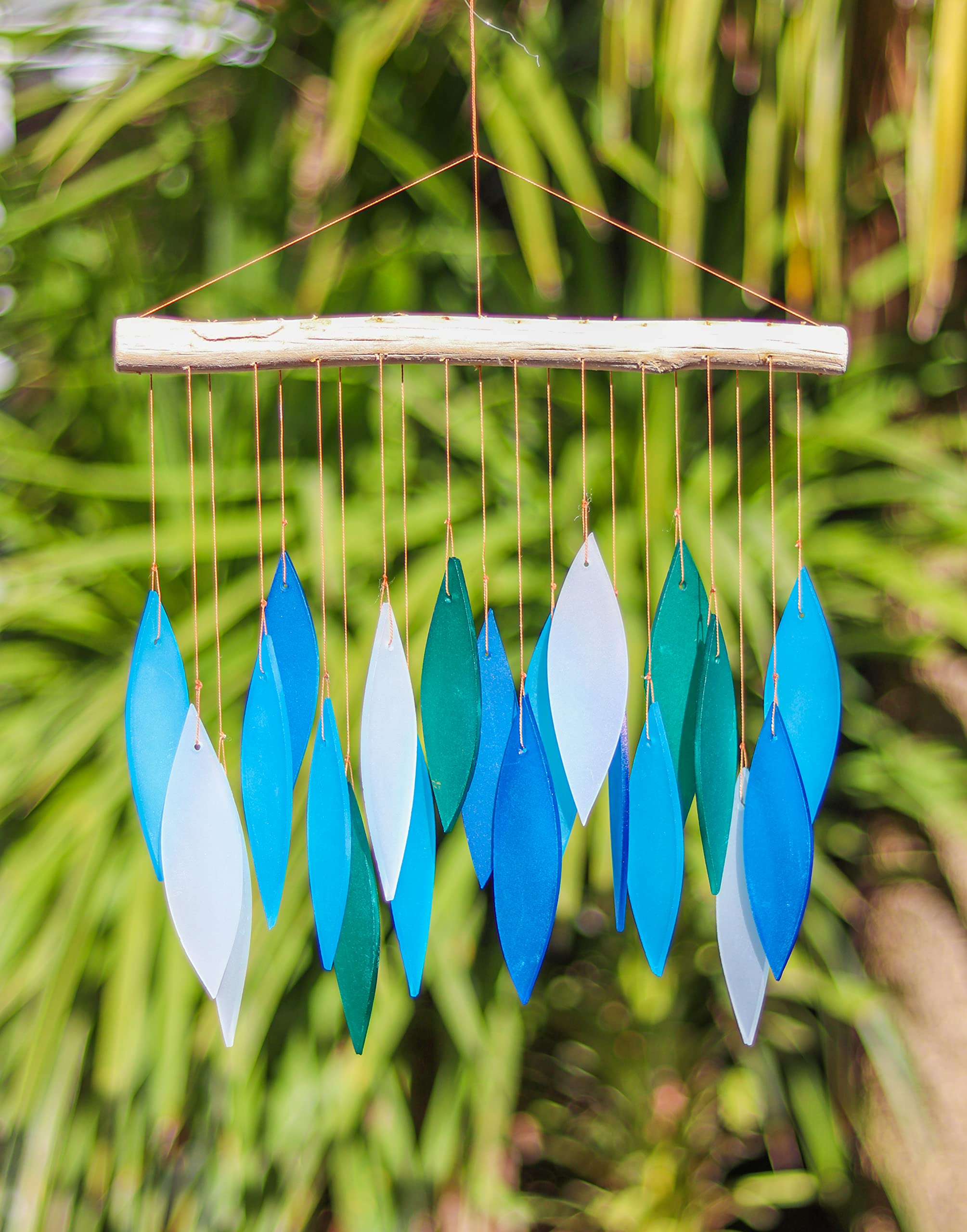 My Family House Blue Glass Wind Chime Recycled Glass and Bamboo Driftwood Garden Chime Hanging Outdoors Indoors Multicoloured Fairtrade Eco Friendly Handmade Fairtrade