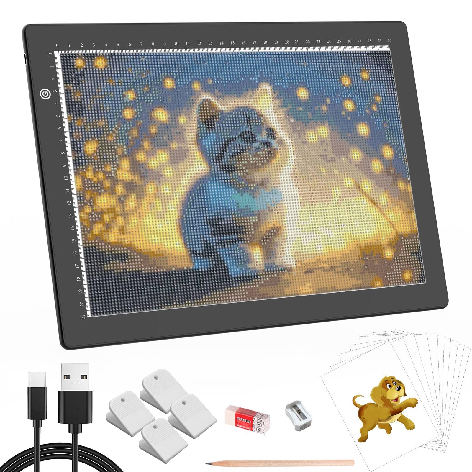 HIUKCOLED A4 Light Box for Artists & Kids - Stepless Dimmable LED Light Pad with 4 Clips, Ultra-Thin 0.2" USB Drawing Board for Diamond Painting, Sketching, Animation, Tattoo Transfer, X-Ray Viewing