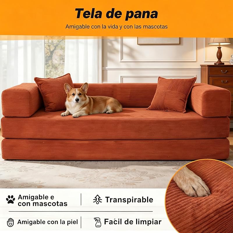 Sofá-cama de 2 lugares de 160 cm com espuma e molas para sala de estar, laranja