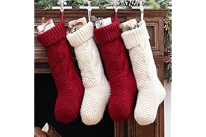 Merihouse Christmas Stockings, 4 Pack 18 Inches Large Cable Knit Knitted Stockings, Rustic Xmas Farmhouse Decorations for Family Holiday Country Home Decor, Burgundy Red & Cream White