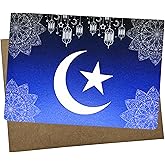 Islamic Greeting Card with Crescent Moon Design, Blue and White, Premium Cardstock, 5x7 Inches - 1219