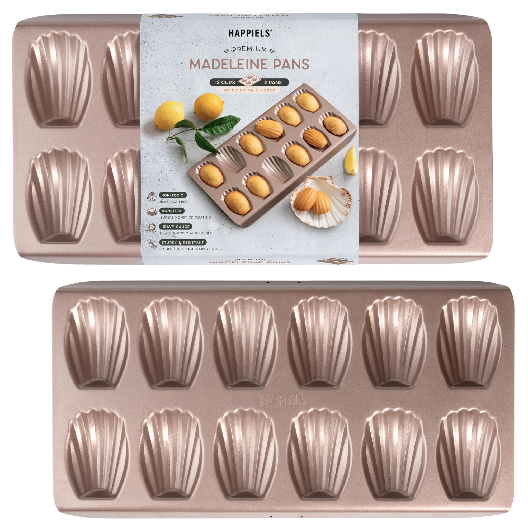 Photo 1 of HAPPIELS Non Toxic Nonstick Madeleine Pan 12 Well Set of 2 (24 wells) | Non Stick Nontoxic Madeleines Pans for baking | Madeleine Cake Cookie Mold | Madeleine tray for oven | French tin 12