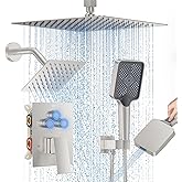 Shower Faucet Set, 12" Ceiling Mount Rainfall Shower System with 2 Rain Shower Head and Multi-function Handheld Head Push Button Diverter Shower Faucet Trim Kit (12", Brushed Nickel)