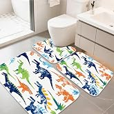 Final Friday Bathroom Mat Set Colorful Cartoon Jurassic Dinosaur Bathroom Rugs Sets 3 Piece Kids Dino, Memory Foam Bath Rugs, U-Shaped Toilet Rug Non Slip Absorbent Brown