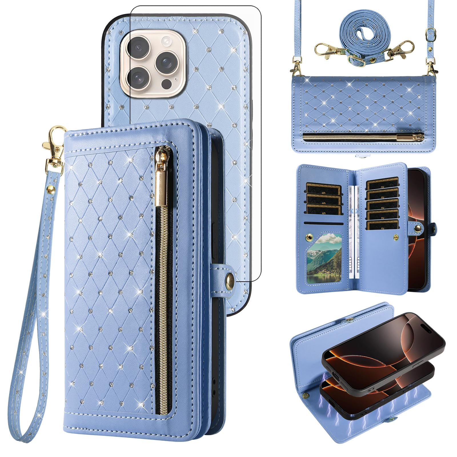 Phone Case for iPhone 16 Pro Max 6.9 inch Zipper Wallet Detachable Cell Cover Screen Protector Crossbody Strap Bling Flip Credit Card Holder i Phone16 16Pro i16 ProMax 16ProMax Women Girls Light Blue