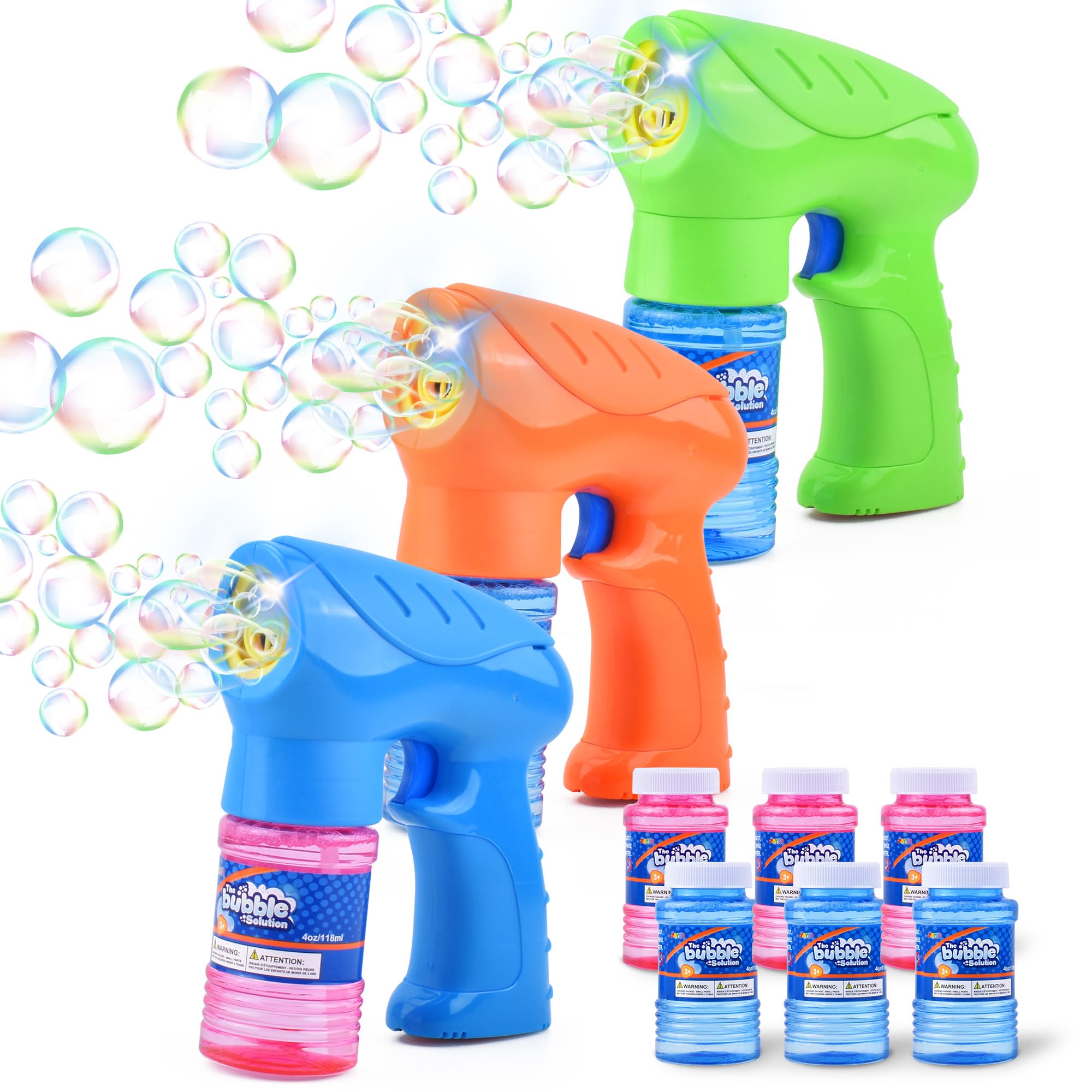 JOYIN 3 Bubble Guns Kit With 6 Solutions And Batteries LED Solid Color 