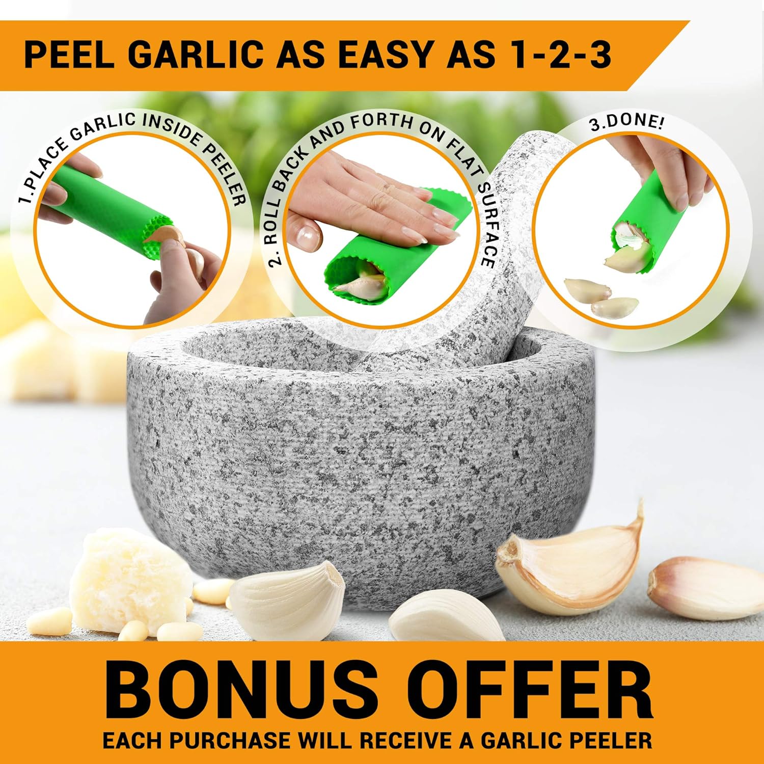 PriorityChef Mortar and Pestle Set, Unpolished Natural Granite, Large 2 Cup Capacity Guacamole Bowl, Silicone Garlic Peeler Included: Kitchen & Dining