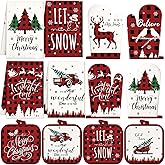 SiliFine 12 Pcs Oven Mitts and Kitchen Towel Sets 4 Dish Towels 4 Potholders 4 Vintage Resistant Glove for Cooking Baking Home Gifting(Brief Christmas)