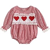 Xiaodriceee Valentine Baby Girl Outfit Heart Embroidery Newborn Long Sleeve Romper Bodysuit Headband Smocked Clothes