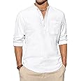 J.VER Men's Linen Roll Up Long Sleeve Shirt Cotton Casual Beach Shirts Henley T-Shirt Band Collar Vacation Tops with Pocket