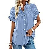 MASCOMODA Womens 2026 Button Down Shirts Ruffle Short Sleeve Loose Summer Tops Dressy Casual V Neck Business Work Blouses