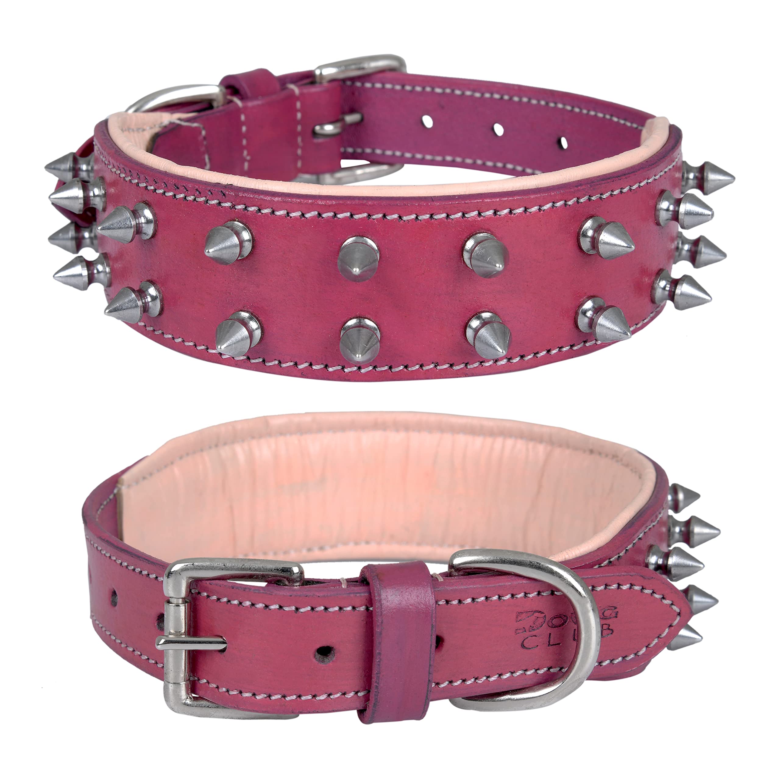 DowgClub | Genuine Leather Spike Dog Collar | Full Grain, Heavy Duty | Padded, Comfortable, Strong, Best for Large, X-Large Breeds | 2" Wide (M (Fit Neck Size 14.5"-18.5"), Pink - Silver Spikes) — image 1